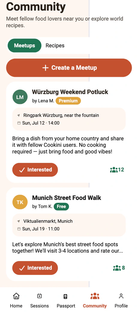 Cookini app, community meetups
