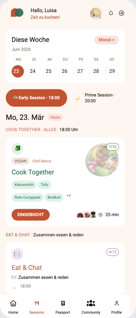 Cookini app, home screen showing today's cooking sessions
